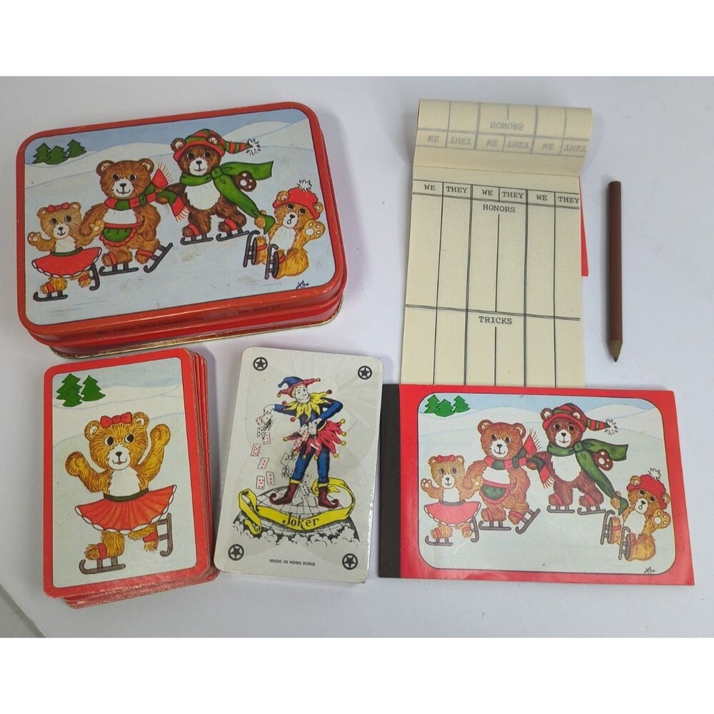 VTG 1986 Christmas Around the World Skating Teddy Bears Metal Tin Card Game HK